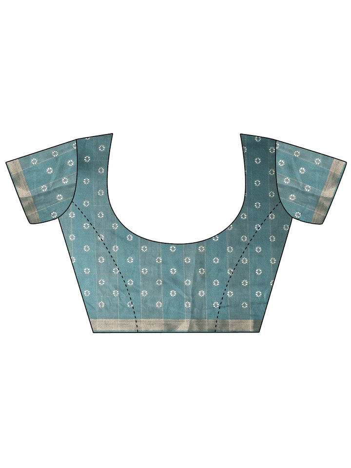 Teal Printed Silk Blend Saree With Unstitched Blouse Piece