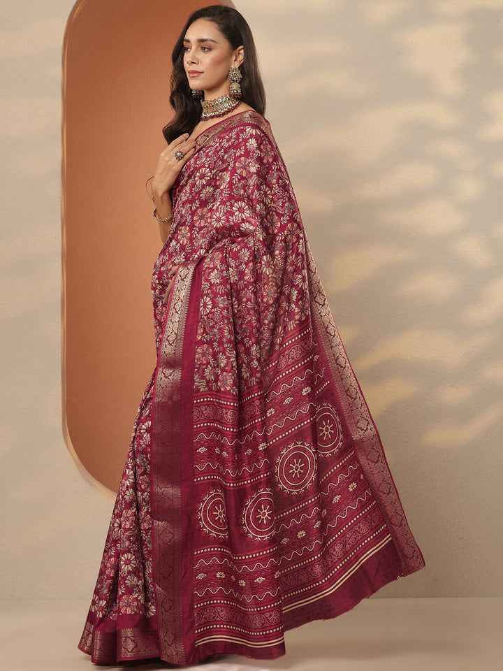 Brown Printed Silk Blend Saree With Unstitched Blouse Piece