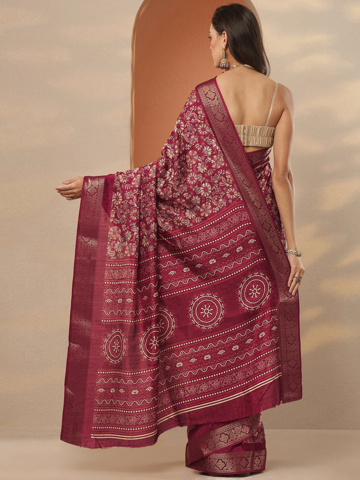 Brown Printed Silk Blend Saree With Unstitched Blouse Piece