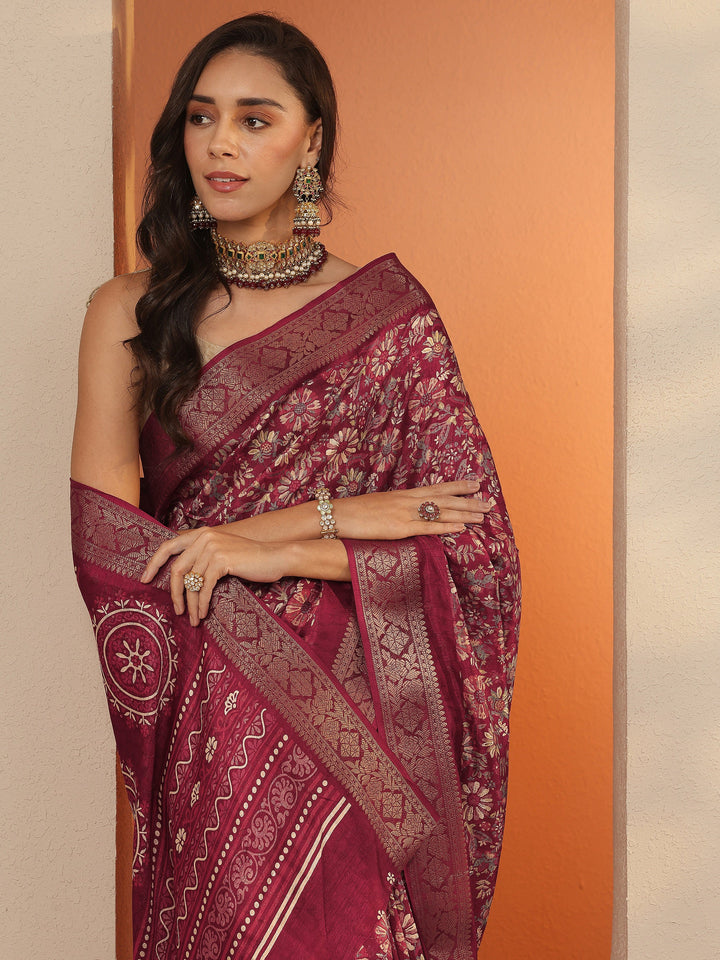 Brown Printed Silk Blend Saree With Unstitched Blouse Piece