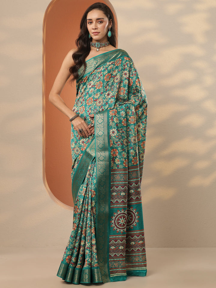 Green Printed Silk Blend Saree With Unstitched Blouse Piece