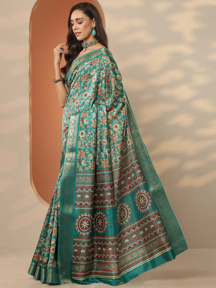 Green Printed Silk Blend Saree With Unstitched Blouse Piece