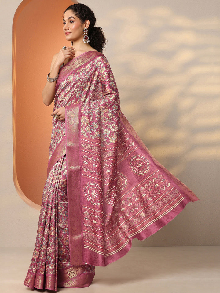Mauve Printed Silk Blend Saree With Unstitched Blouse Piece