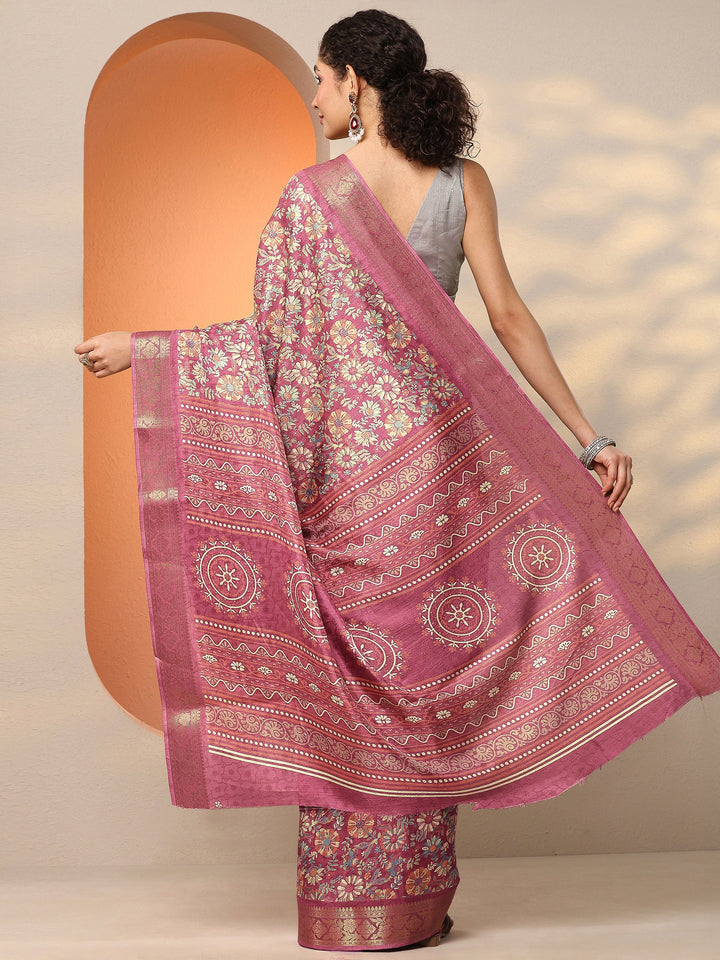Mauve Printed Silk Blend Saree With Unstitched Blouse Piece