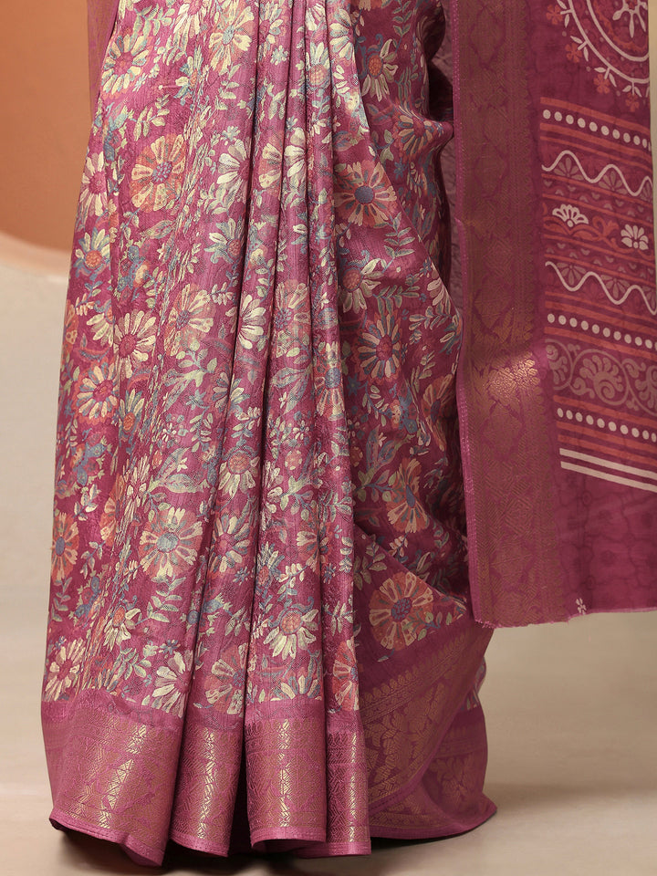 Mauve Printed Silk Blend Saree With Unstitched Blouse Piece