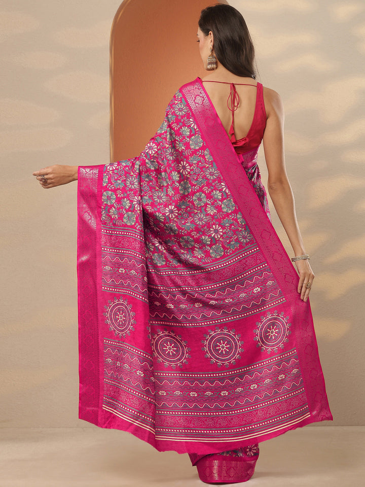 Pink Printed Silk Blend Saree With Unstitched Blouse Piece