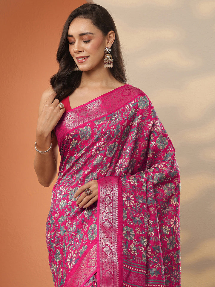 Pink Printed Silk Blend Saree With Unstitched Blouse Piece