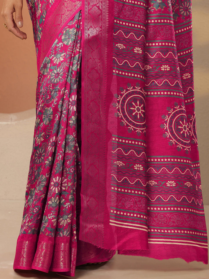 Pink Printed Silk Blend Saree With Unstitched Blouse Piece