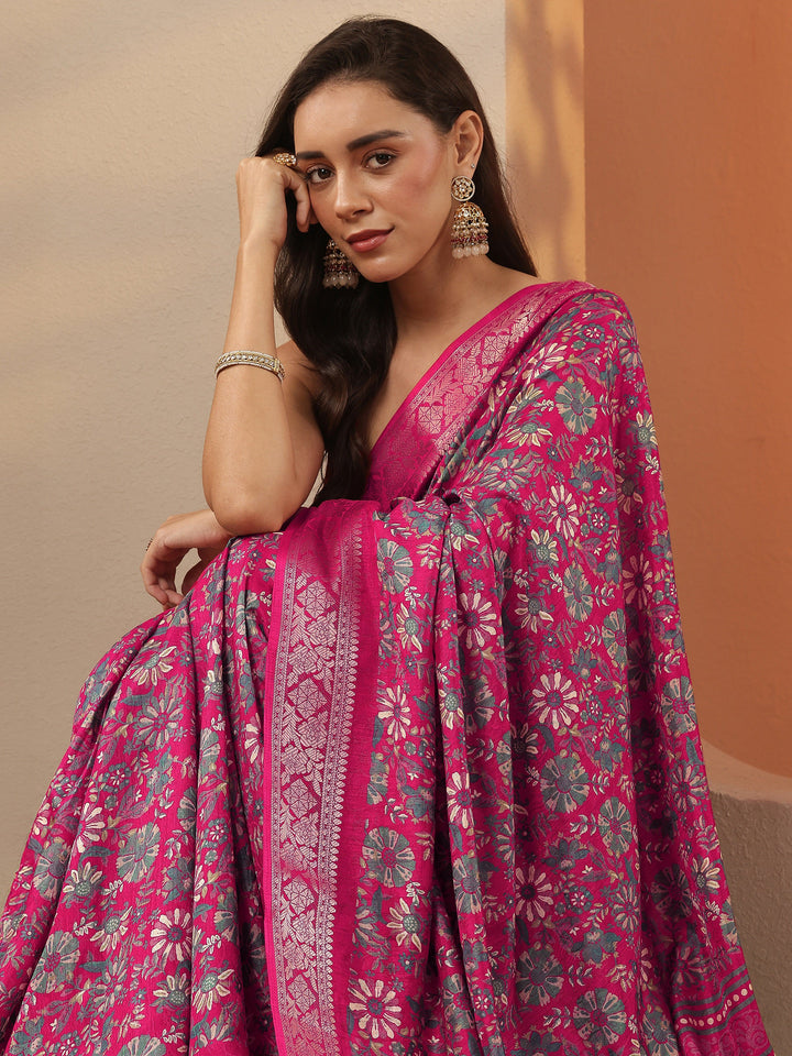 Pink Printed Silk Blend Saree With Unstitched Blouse Piece