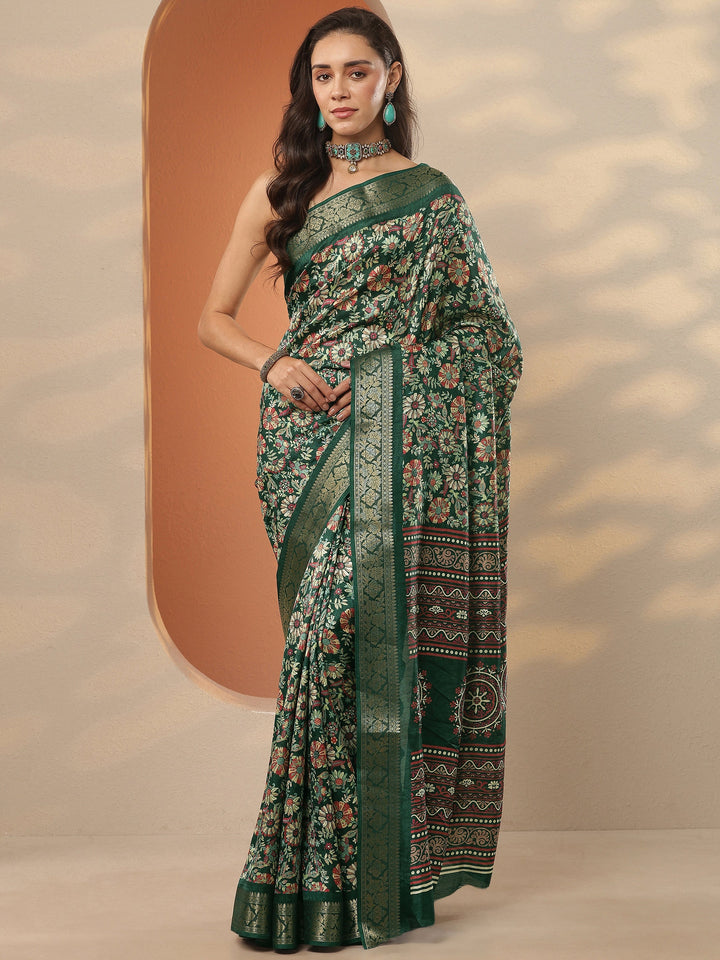 Green Printed Silk Blend Saree With Unstitched Blouse Piece