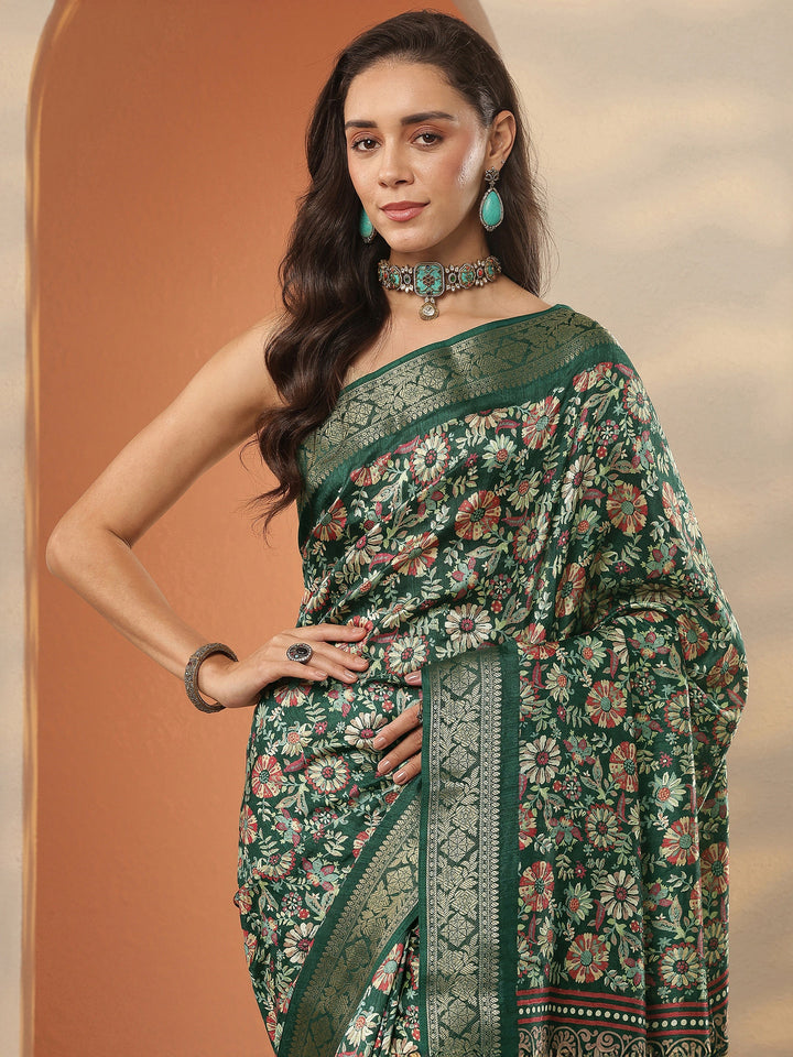 Green Printed Silk Blend Saree With Unstitched Blouse Piece