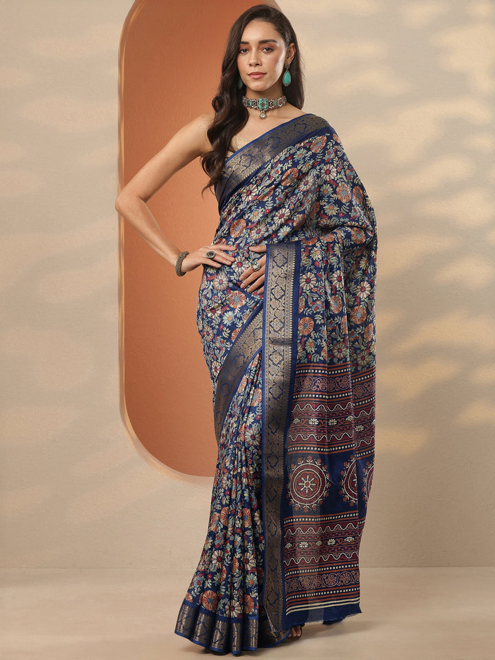 Navy blue Printed Silk Blend Saree With Unstitched Blouse Piece