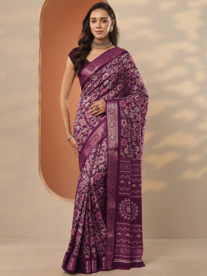 Burgundy Printed Silk Blend Saree With Unstitched Blouse Piece