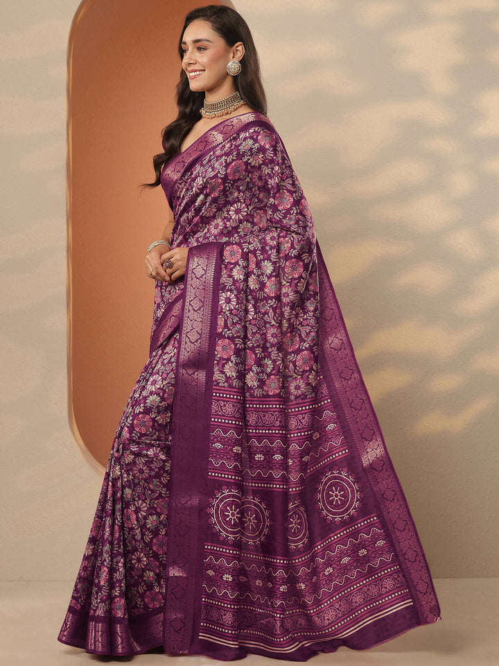 Burgundy Printed Silk Blend Saree With Unstitched Blouse Piece