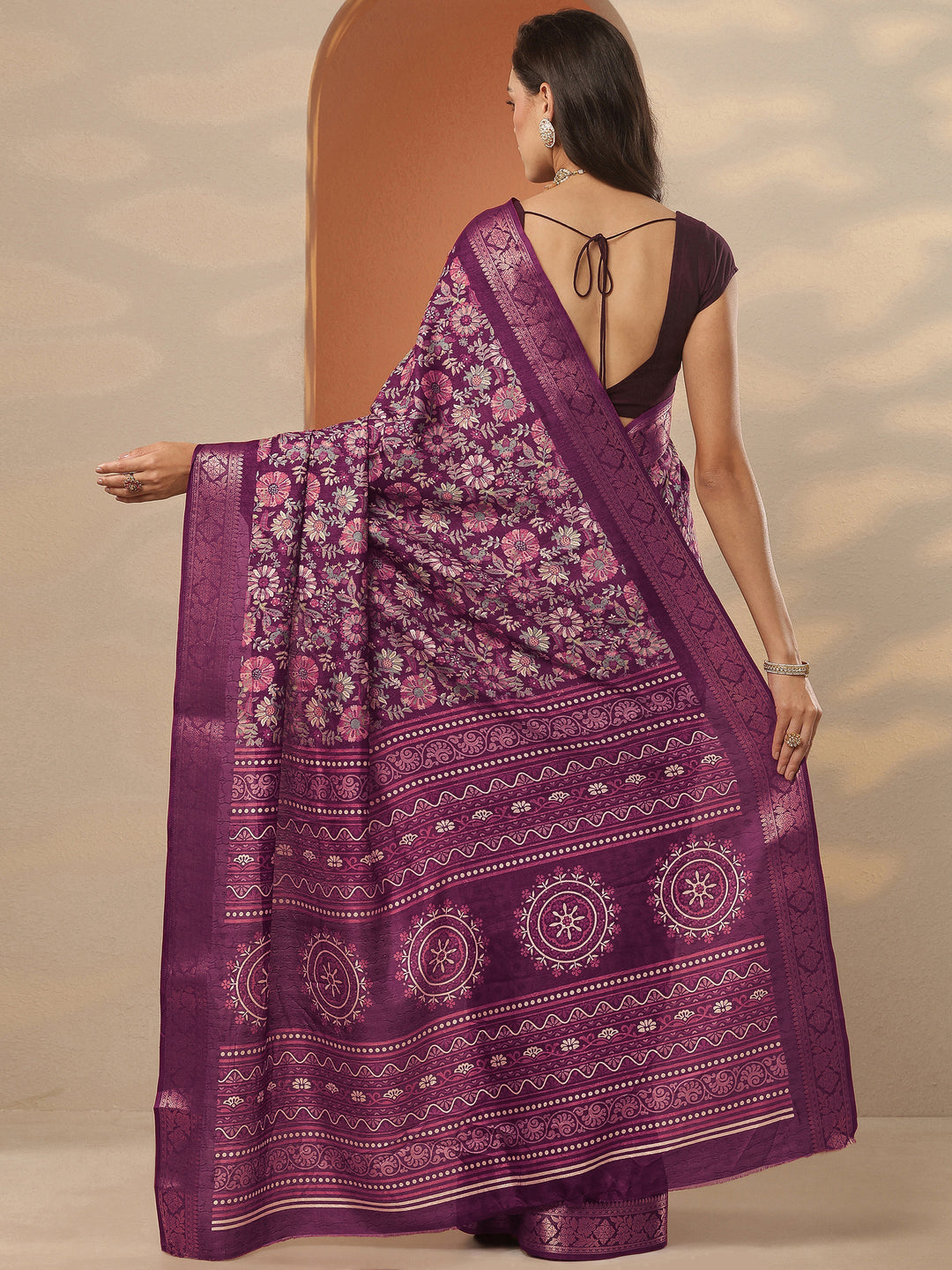 Burgundy Printed Silk Blend Saree With Unstitched Blouse Piece