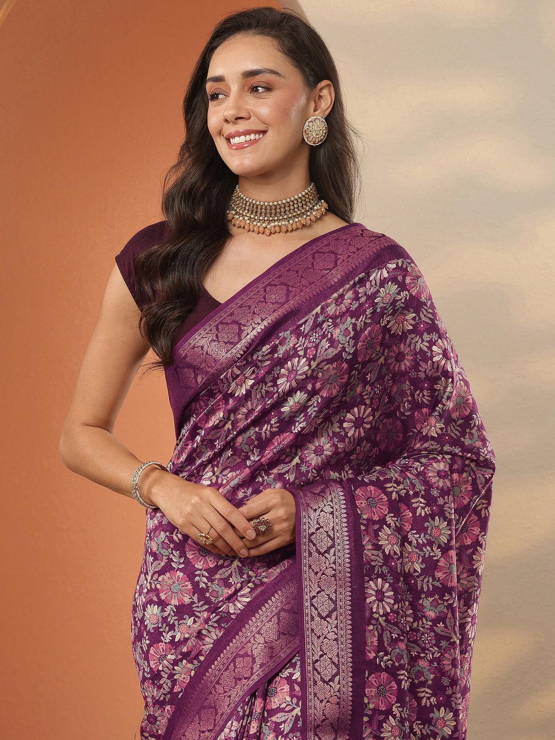 Burgundy Printed Silk Blend Saree With Unstitched Blouse Piece