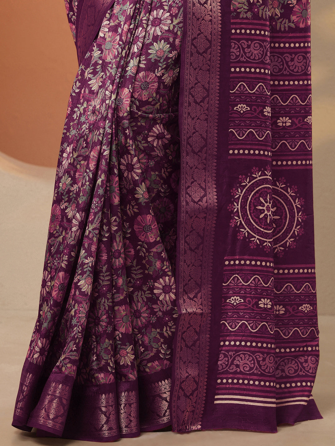 Burgundy Printed Silk Blend Saree With Unstitched Blouse Piece