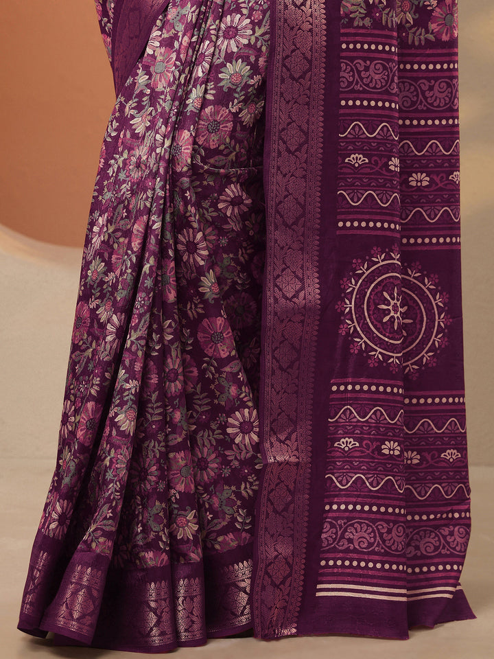 Burgundy Printed Silk Blend Saree With Unstitched Blouse Piece
