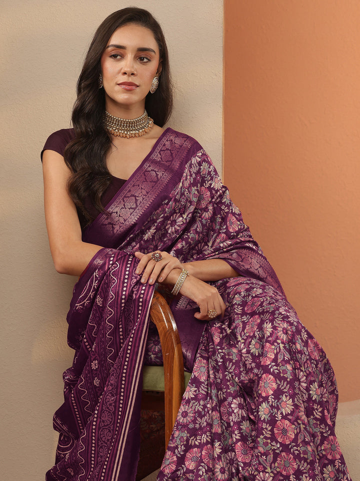 Burgundy Printed Silk Blend Saree With Unstitched Blouse Piece