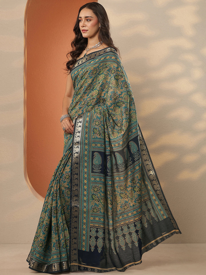 Teal Printed Silk Blend Saree With Unstitched Blouse Piece
