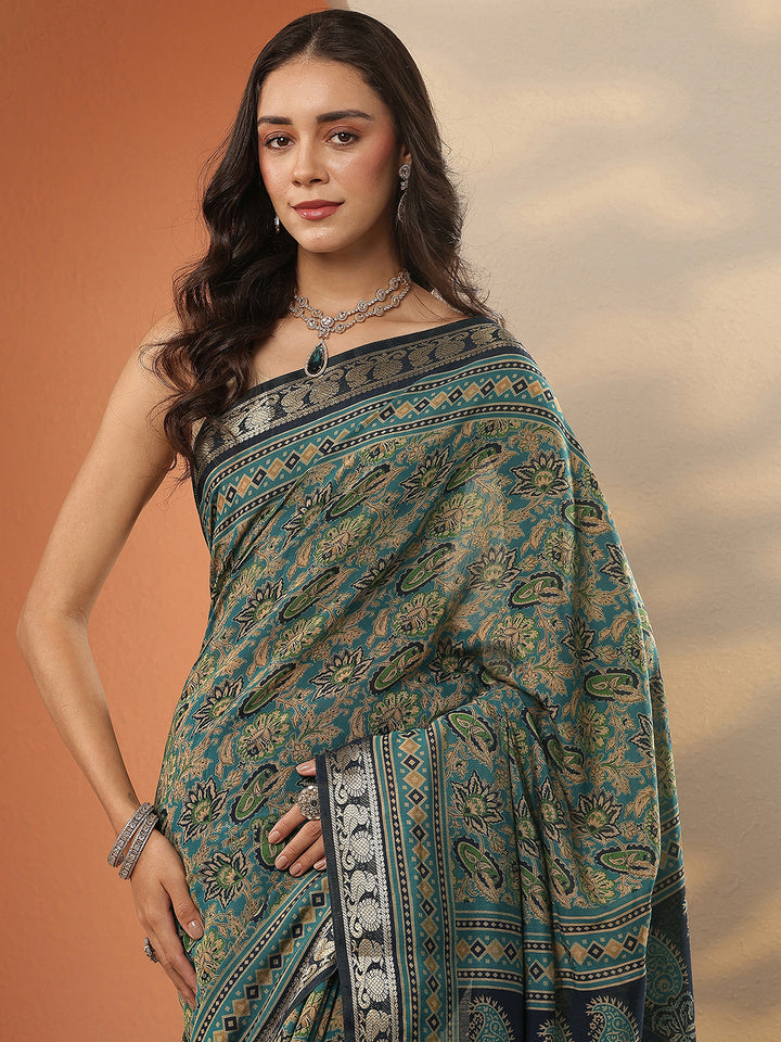Teal Printed Silk Blend Saree With Unstitched Blouse Piece