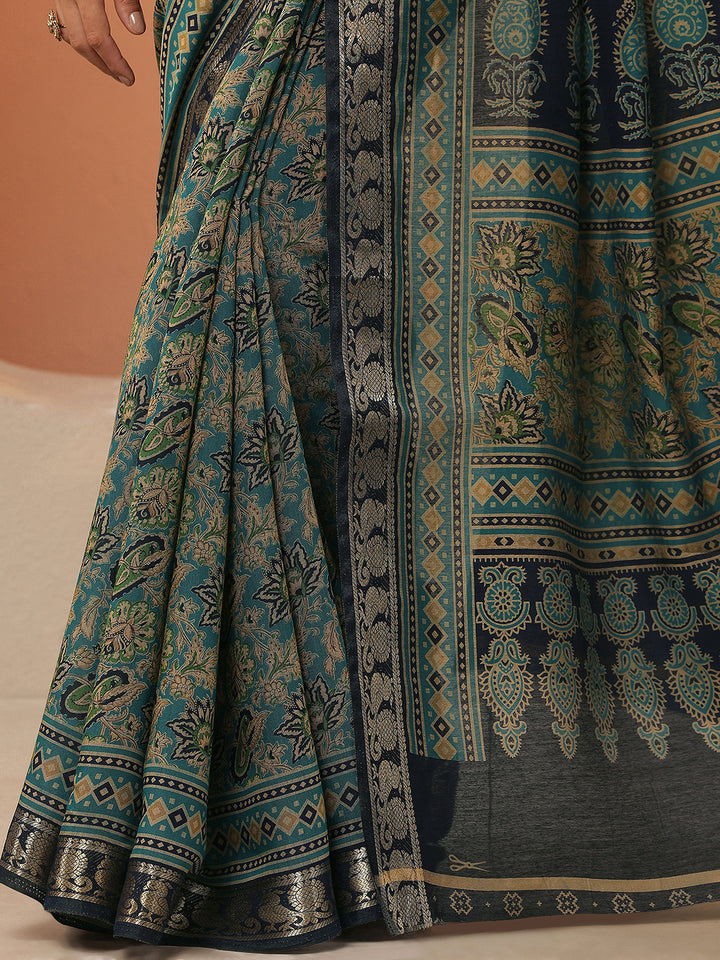 Teal Printed Silk Blend Saree With Unstitched Blouse Piece