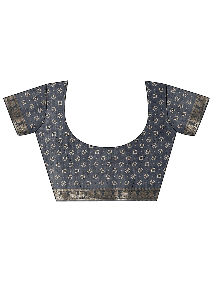 Teal Printed Silk Blend Saree With Unstitched Blouse Piece