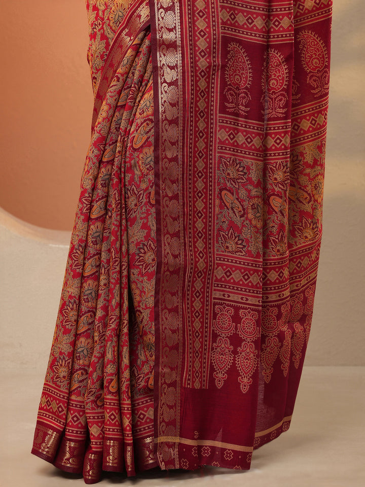 Red Printed Silk Blend Saree With Unstitched Blouse Piece