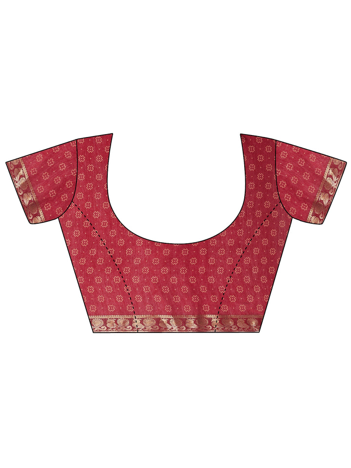 Red Printed Silk Blend Saree With Unstitched Blouse Piece