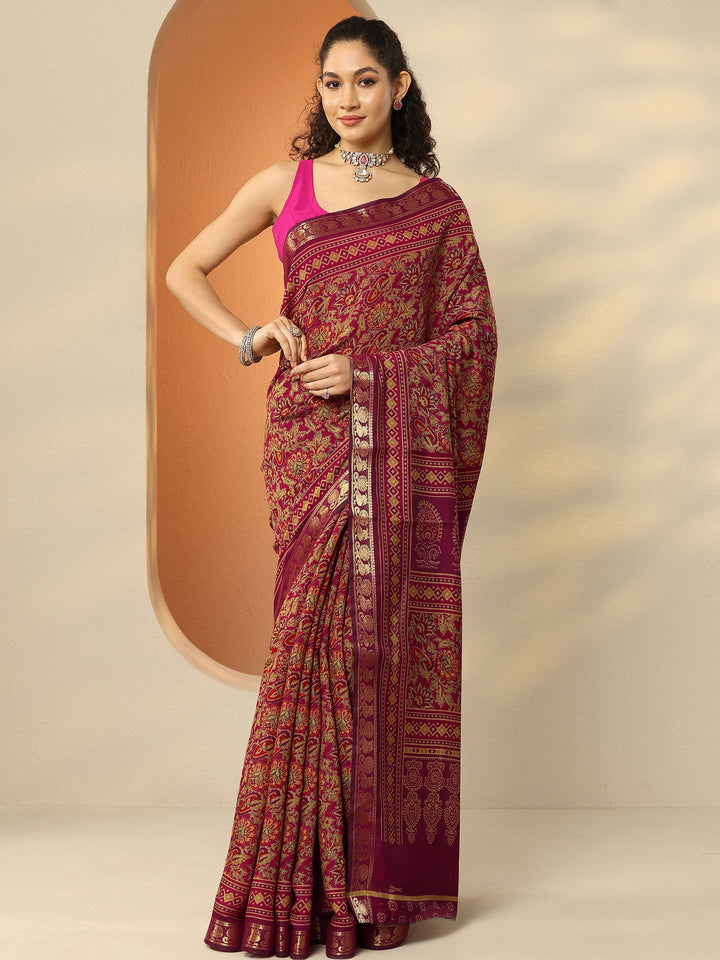 Pink Printed Silk Blend Saree With Unstitched Blouse Piece
