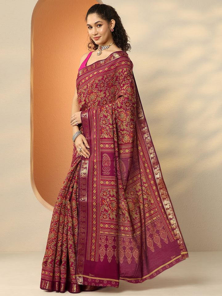 Pink Printed Silk Blend Saree With Unstitched Blouse Piece