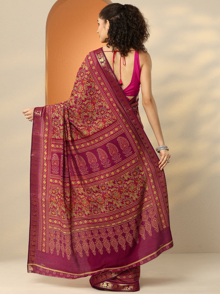 Pink Printed Silk Blend Saree With Unstitched Blouse Piece