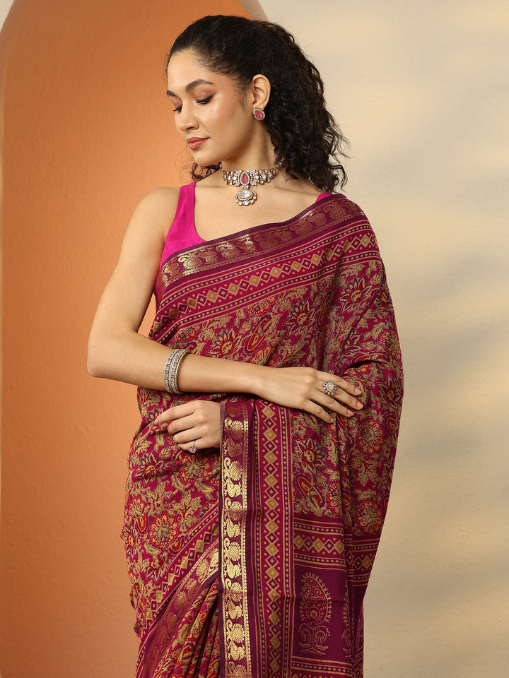 Pink Printed Silk Blend Saree With Unstitched Blouse Piece