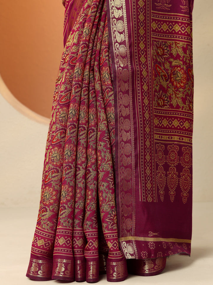 Pink Printed Silk Blend Saree With Unstitched Blouse Piece