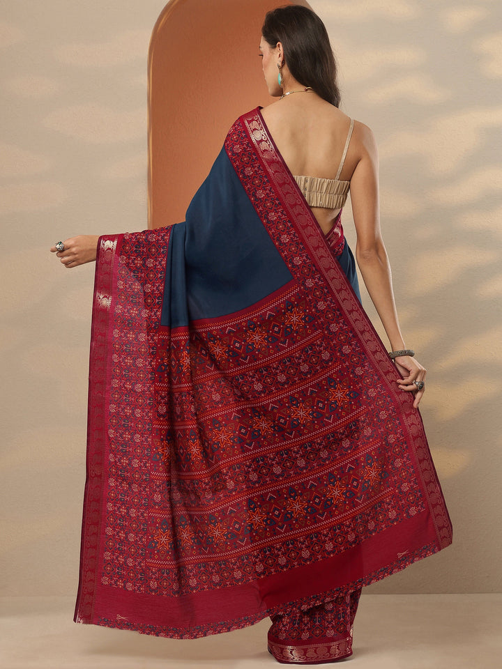 Blue Solid Silk Blend Saree With Unstitched Blouse Piece