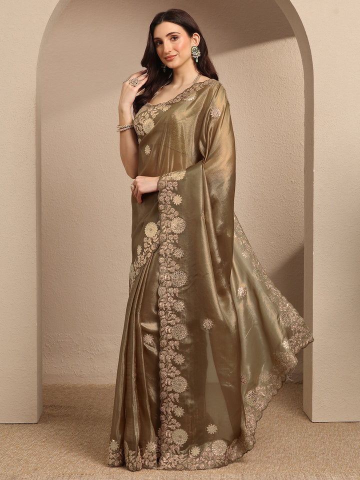 Brown Embroidered Silk Blend Saree With Unstitched Blouse Piece