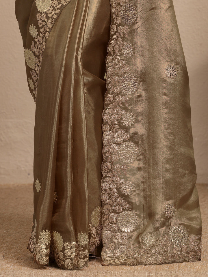 Brown Embroidered Silk Blend Saree With Unstitched Blouse Piece