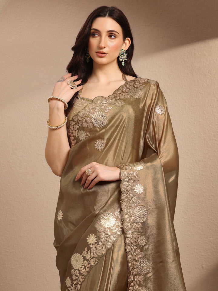 Brown Embroidered Silk Blend Saree With Unstitched Blouse Piece