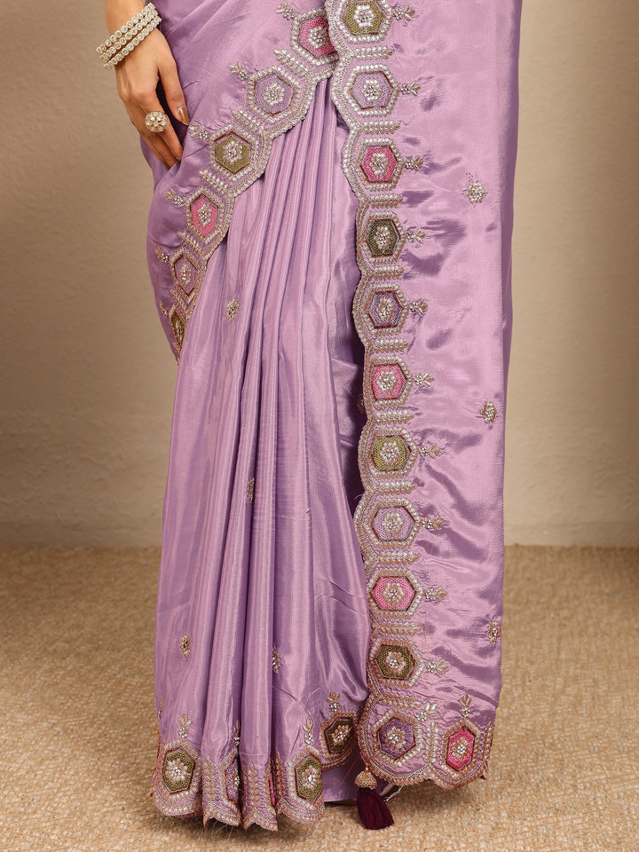 Lavender Embroidered Silk Blend Saree With Unstitched Blouse Piece