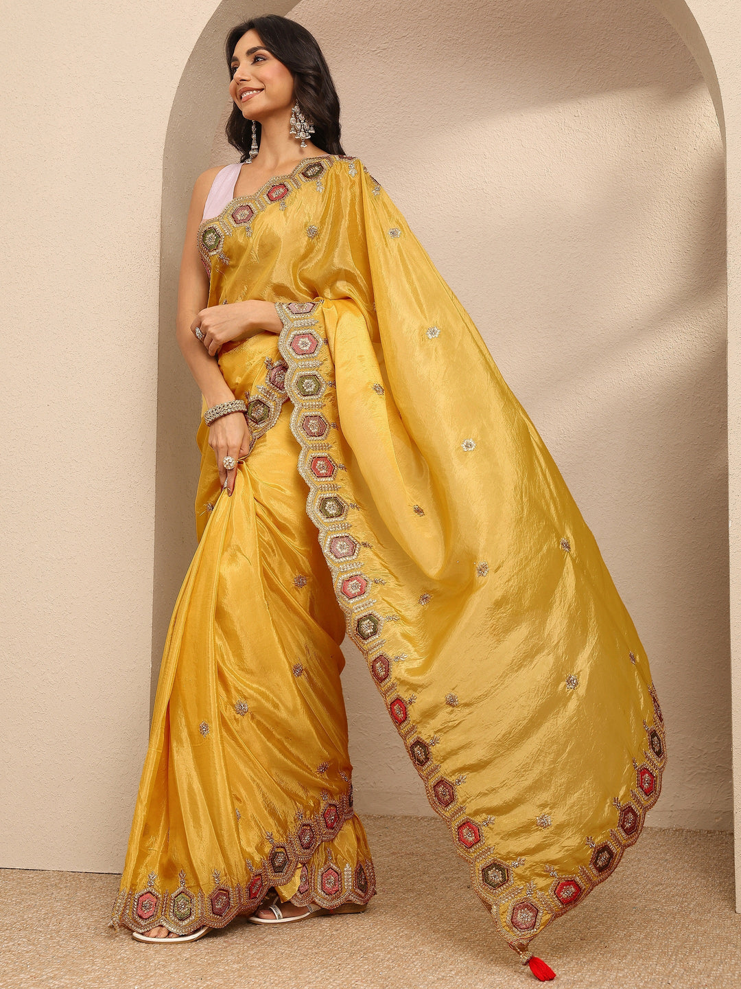 Yellow Embroidered Silk Blend Saree With Unstitched Blouse Piece