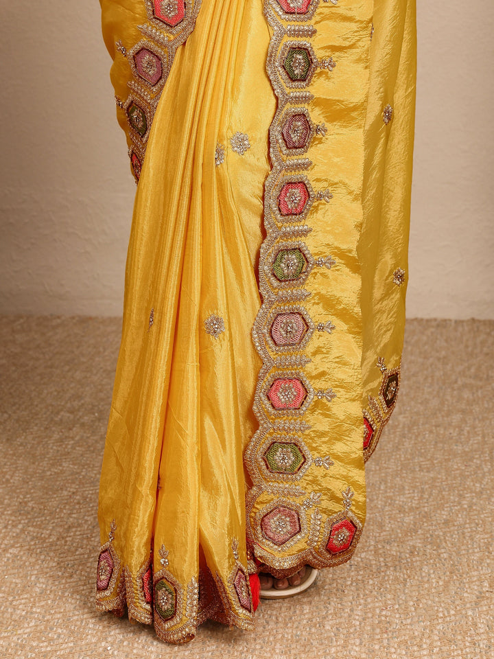 Yellow Embroidered Silk Blend Saree With Unstitched Blouse Piece