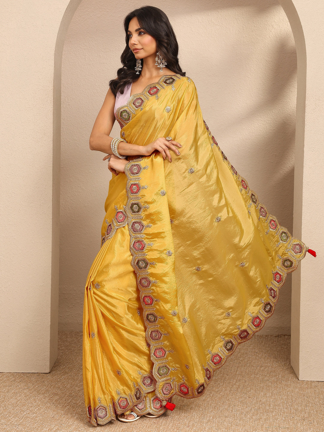 Yellow Embroidered Silk Blend Saree With Unstitched Blouse Piece
