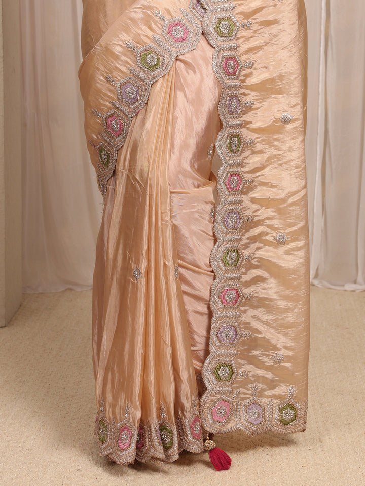 Cream Embroidered Silk Blend Saree With Unstitched Blouse Piece