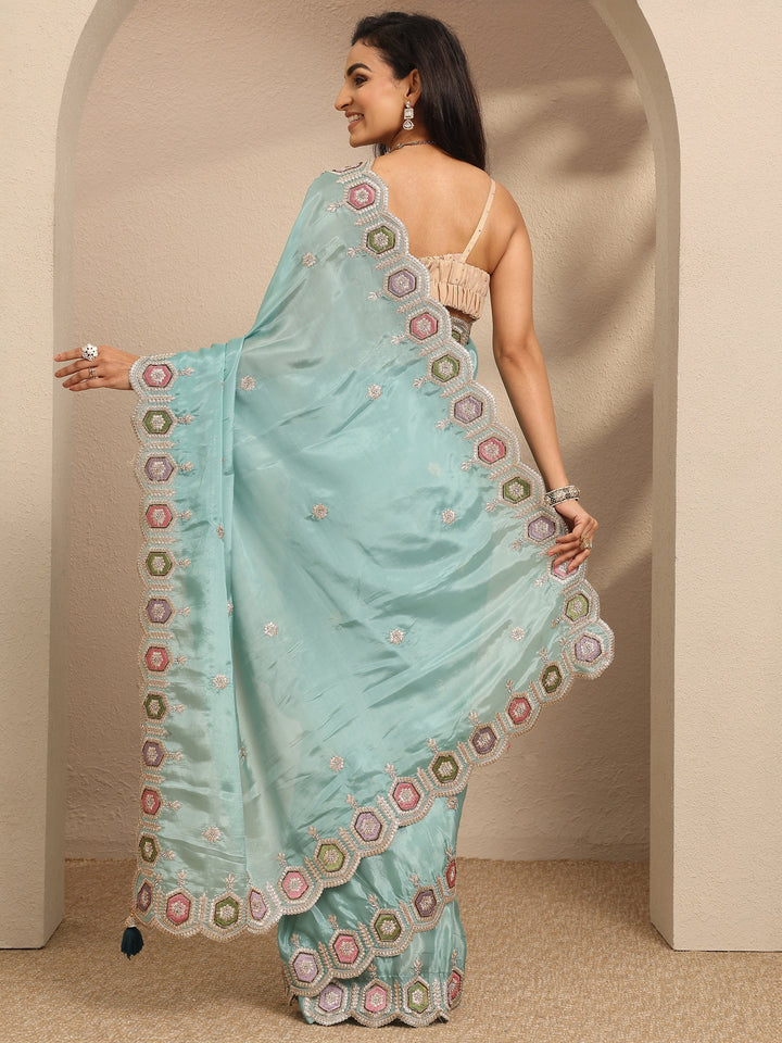 Blue Embroidered Silk Blend Saree With Unstitched Blouse Piece