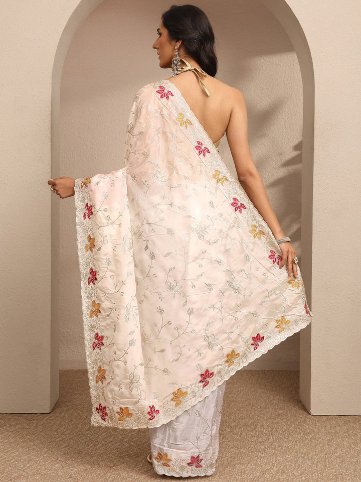 Cream Embroidered Silk Blend Saree With Unstitched Blouse Piece