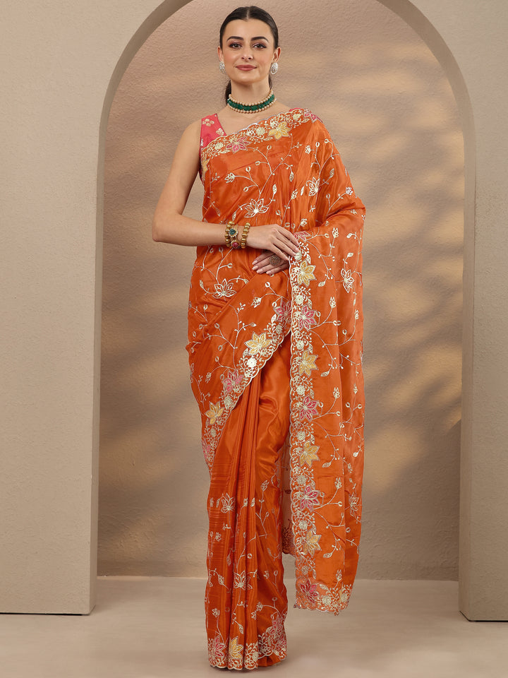Orange Embroidered Silk Blend Saree With Unstitched Blouse Piece
