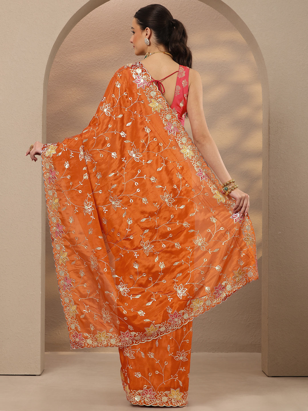 Orange Embroidered Silk Blend Saree With Unstitched Blouse Piece