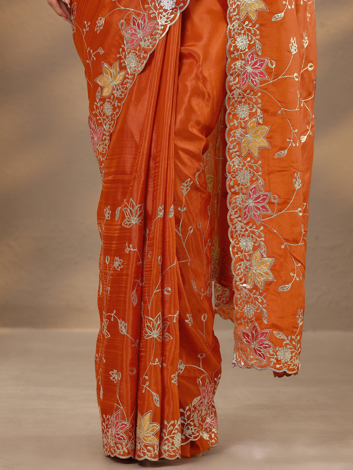 Orange Embroidered Silk Blend Saree With Unstitched Blouse Piece