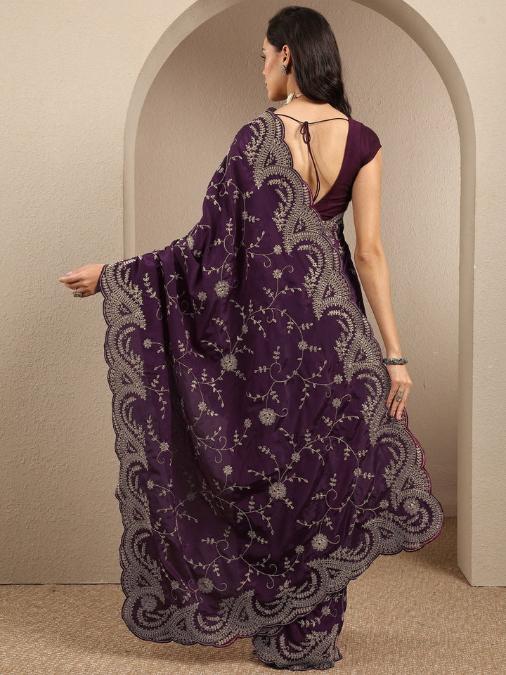 Burgundy Embroidered Silk Blend Saree With Unstitched Blouse Piece