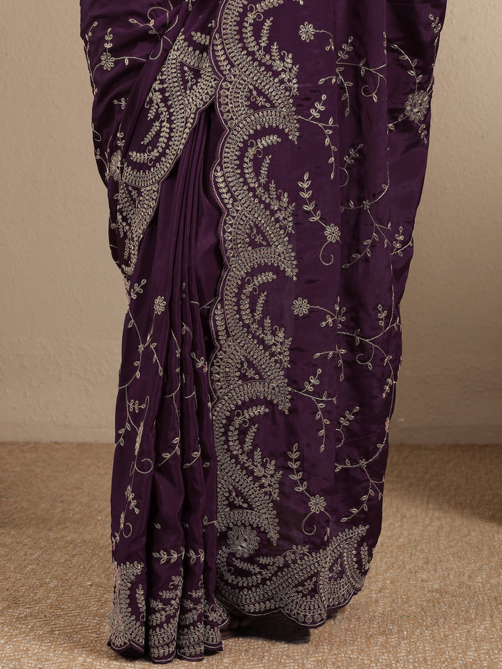 Burgundy Embroidered Silk Blend Saree With Unstitched Blouse Piece